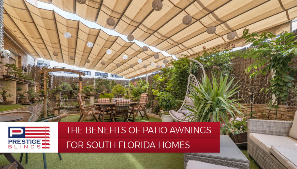 A patio awning with lights over it and plants in the background.